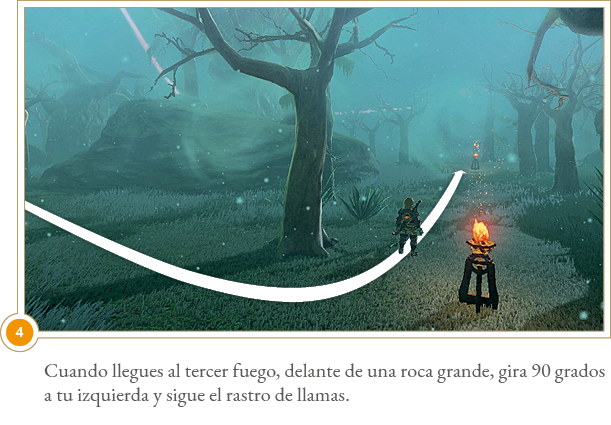 Cuando llegues al tercer fuego, delante de una roca grande, gira 90 grados a tu izquierda y sigue el rastro de llamas