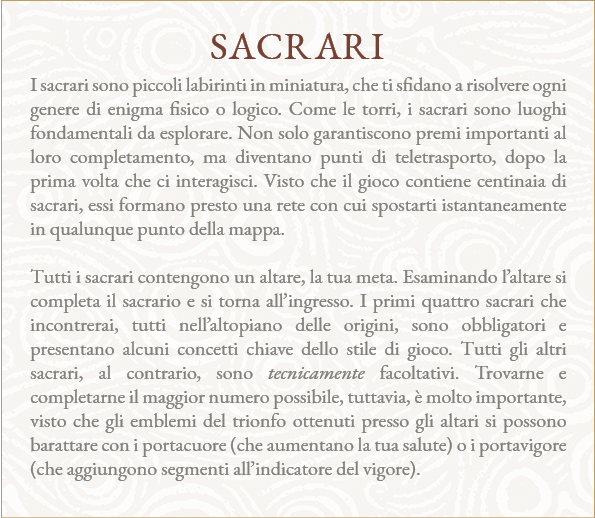 I sacrari sono piccoli labirinti in miniatura, che ti sfidano a risolvere ogni genere di enigma fisico o logico  Come   